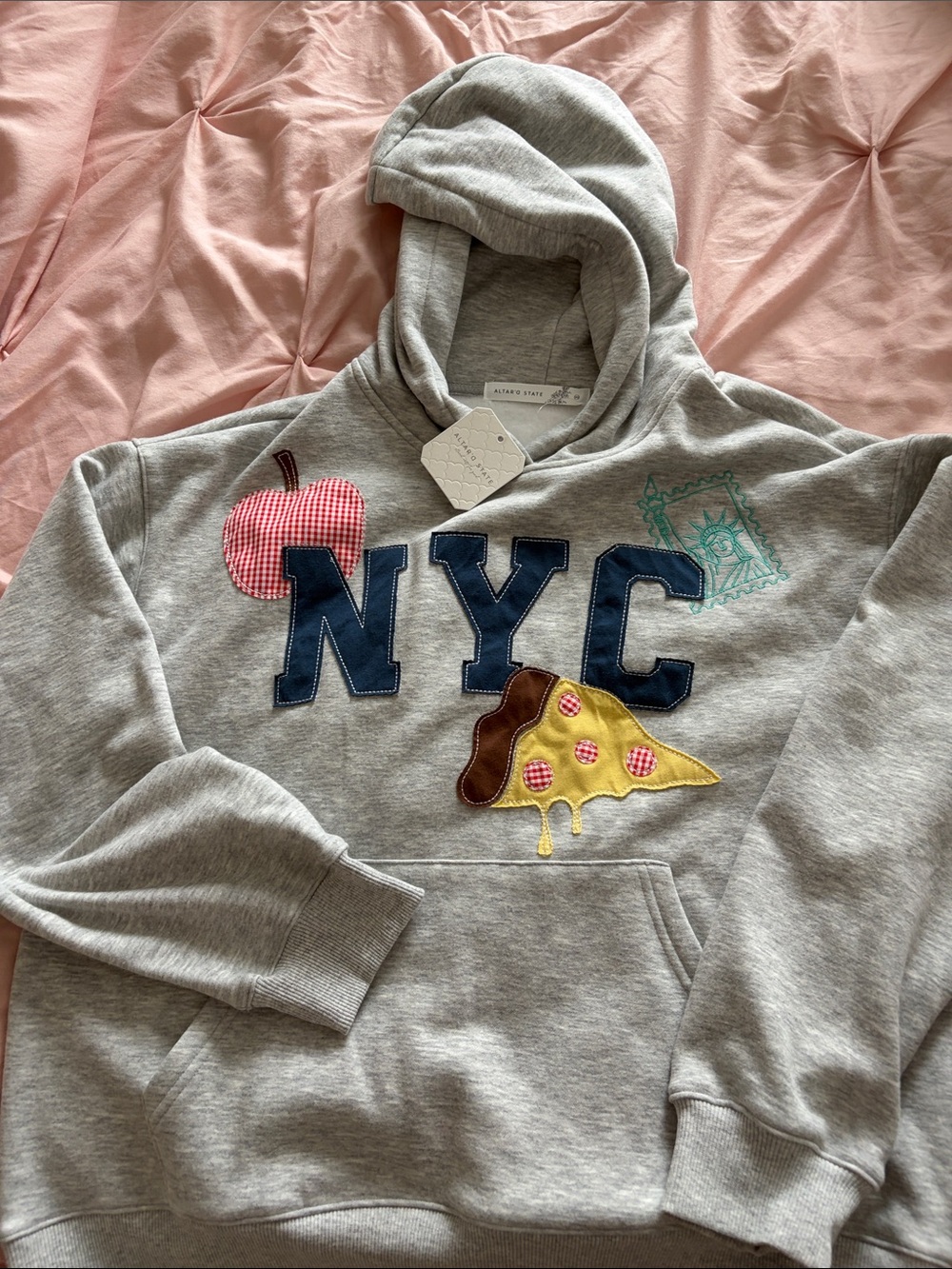 Altar’D State Grey NYC Appliqué Hoodie with Pizza & Apple Motifs Size XS